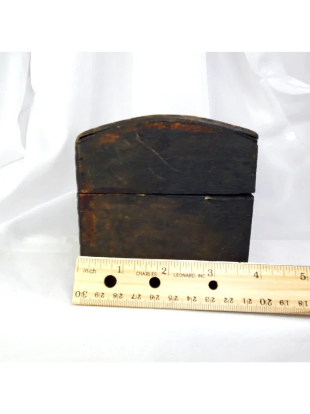 Vintage Wood & Faux Leather Carved Jewelry Treasure Chest Box With Metal Accents